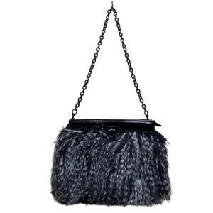 SR Sandra Roberts Faux Fur Shoulder Chain Bag Feathery Black Gray Squared Chic